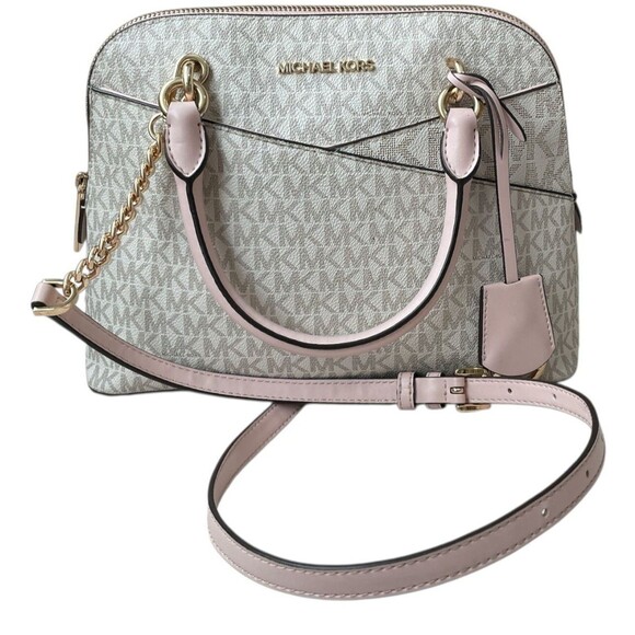 Michael Kors Jet Set Travel Medium Dome Satchel MK Logo Crossbody Bag Cream/Pink - Picture 1 of 3